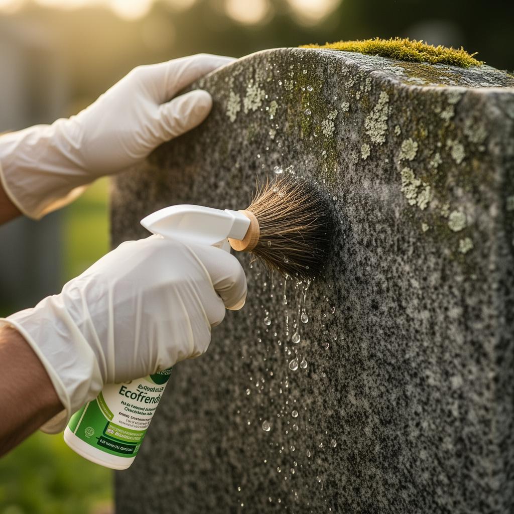 Gloved hands gently cleaning a headstone with an eco-friendly spray and soft brush