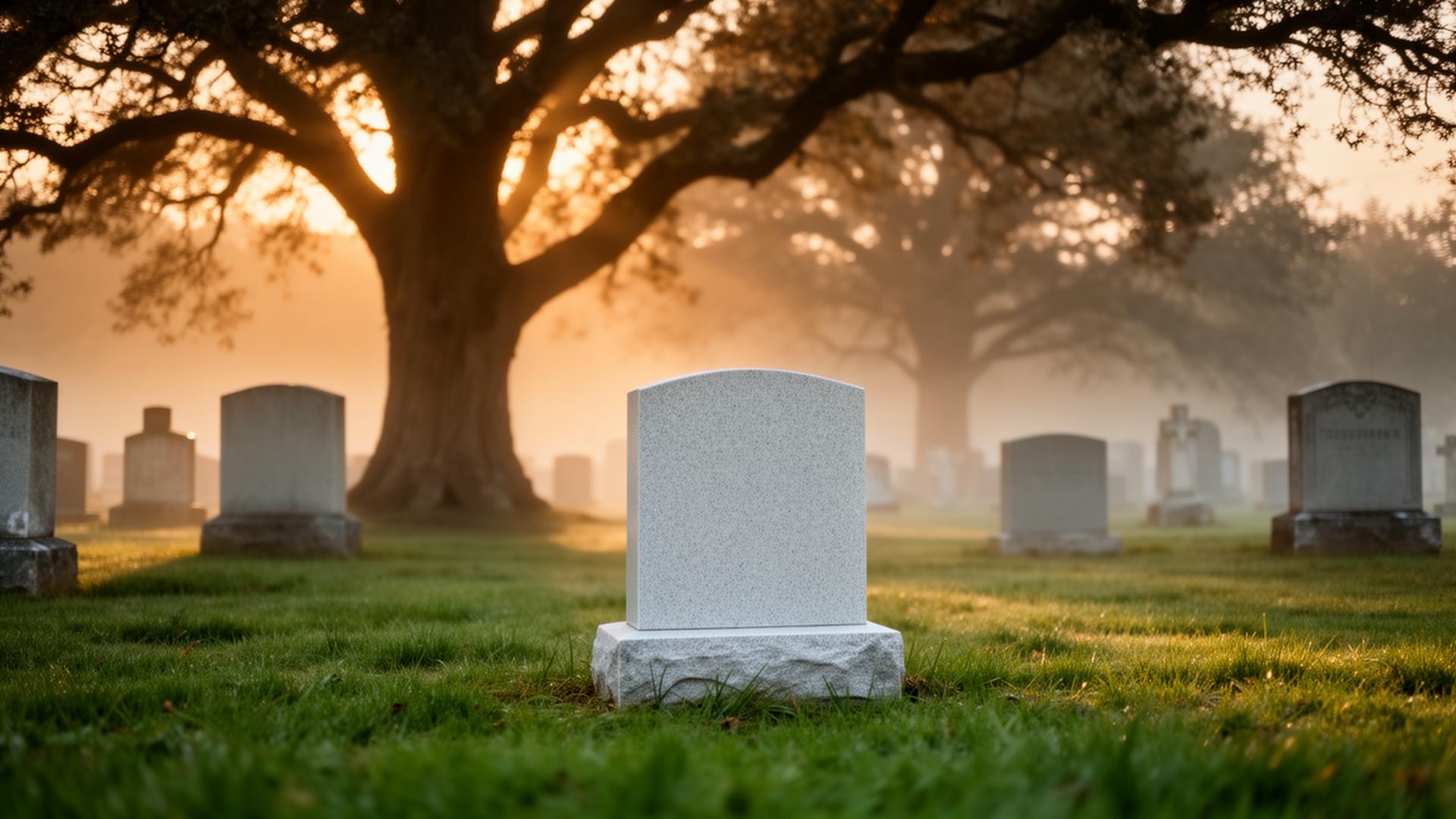 A clean headstone resting beneath an old oak tree at sunrise