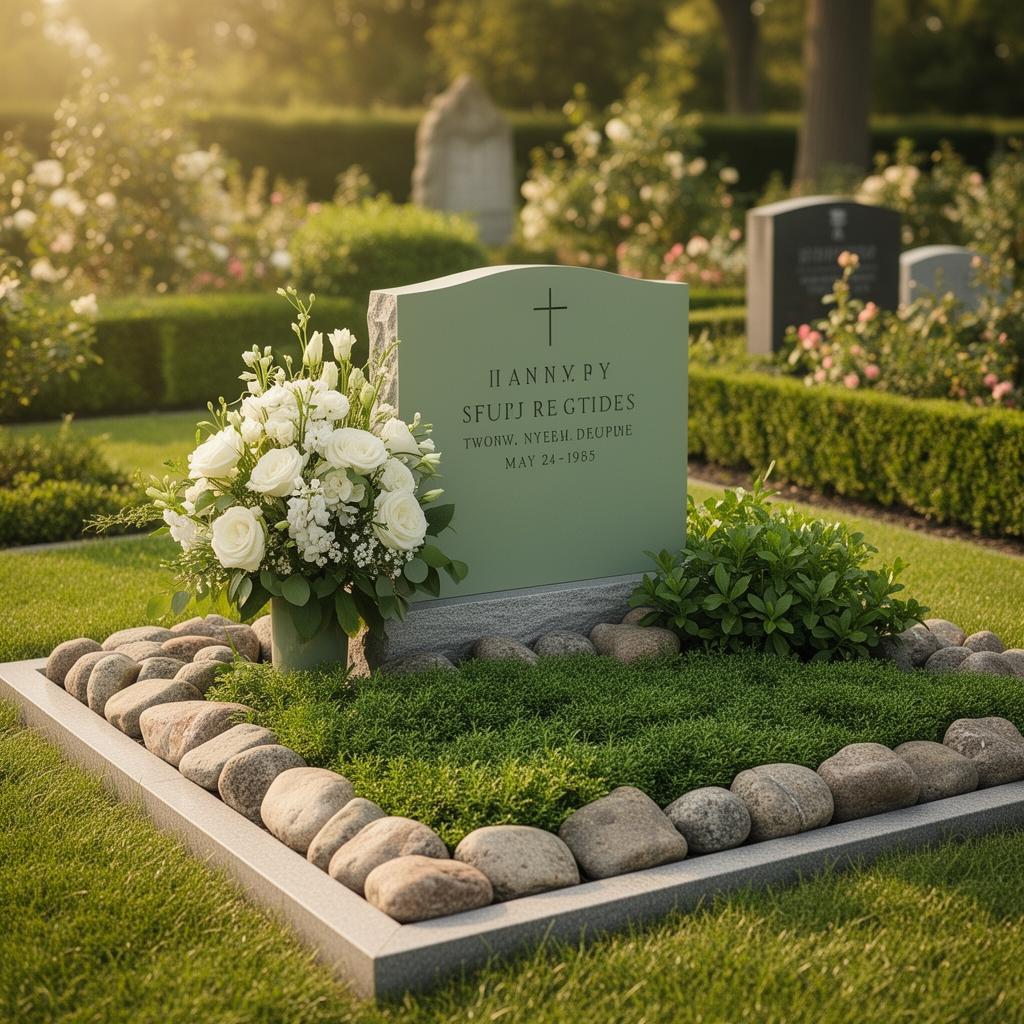 A restored grave site with fresh flowers and a decorative rock border